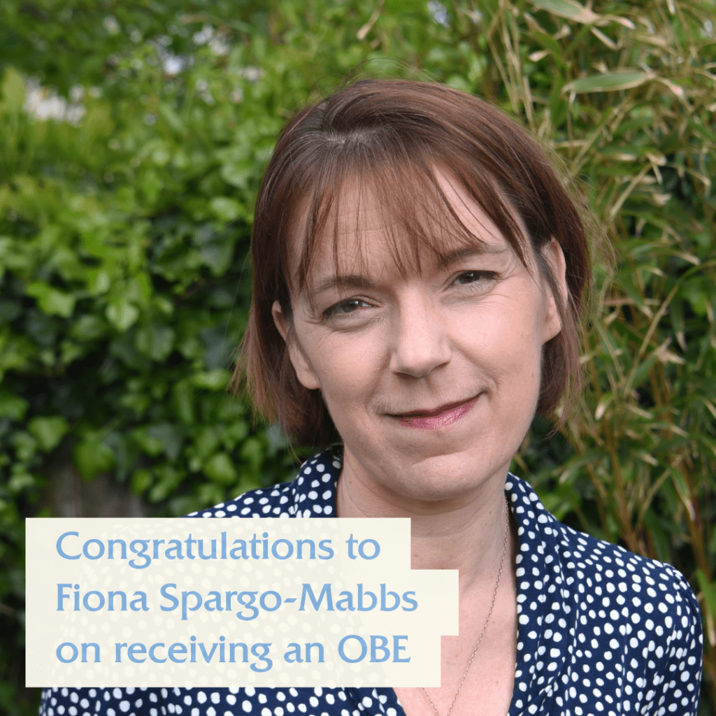 A portrait photograph of Fiona Spargo-Mabbs, smiling, alongside the text "Congratulations to Fiona Sparg-Mabbs on receiving an OBE"