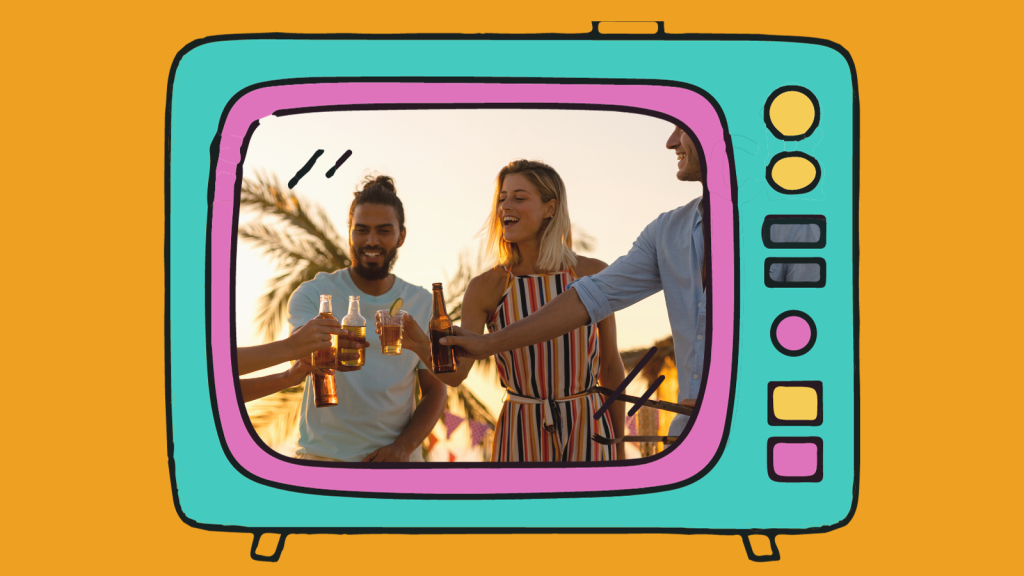 A tongue-in-cheek photo of four friends happily clinking glasses and bottles of alcohol on a tropical beach, within a cartoon tv screen.